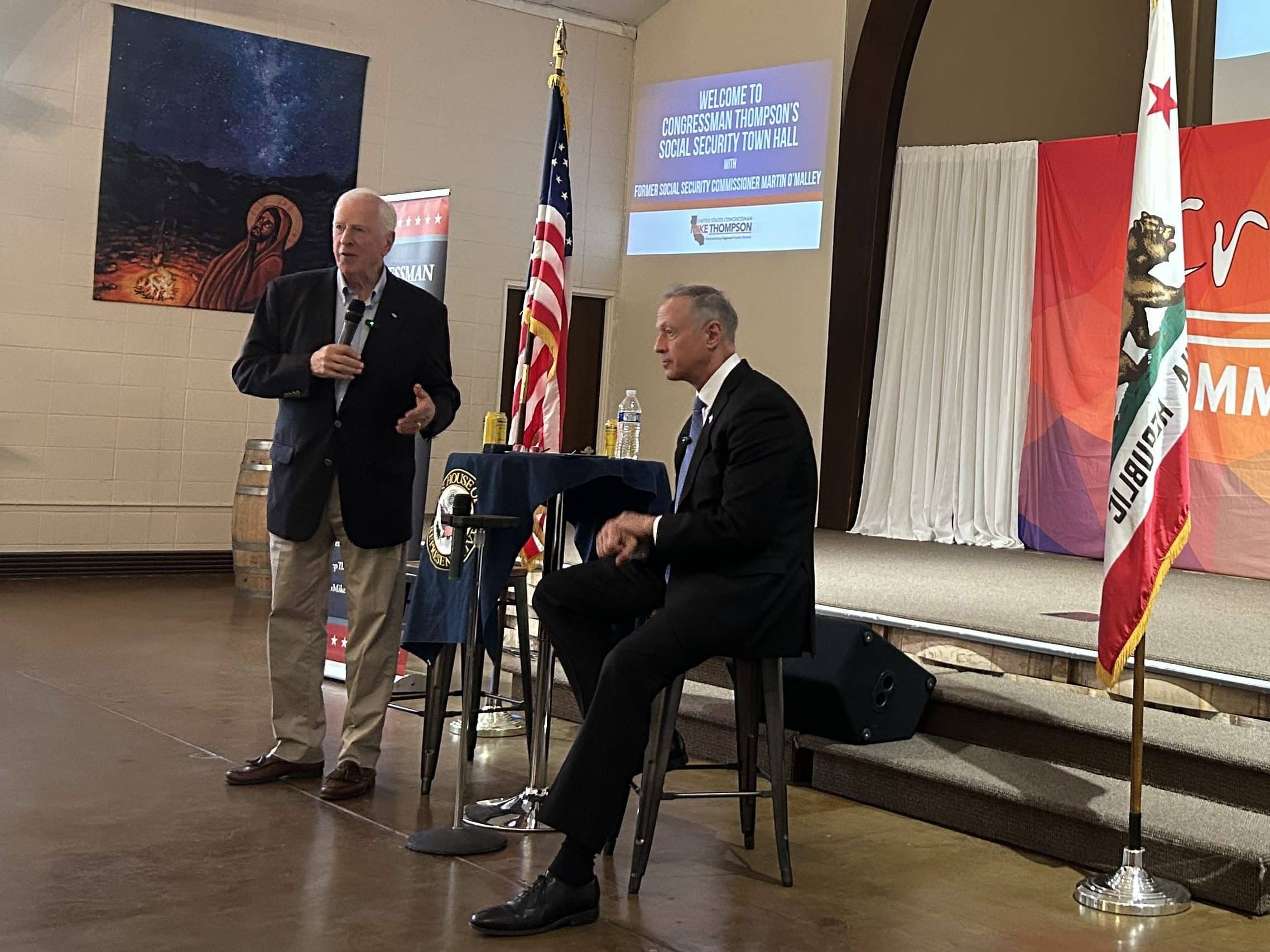 U.S. Rep. Mike Thompson and Martin O’Malley, former Maryland governor and commissioner of the Social Security Administration, answered questions about the future of Social Security at a town hall meeting in Napa on Wednesday, June 18. Fiona Ulrich photo