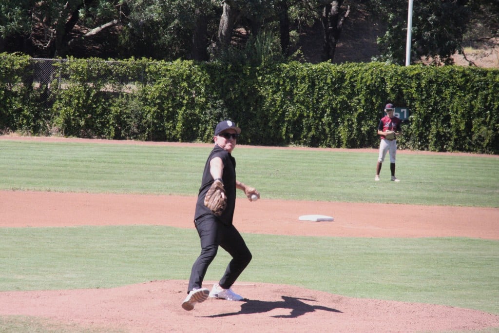 Former KTVU 2 Sports Anchor Mark Ibanez throws out a first pitch. Napa Valley Baseball Club photo