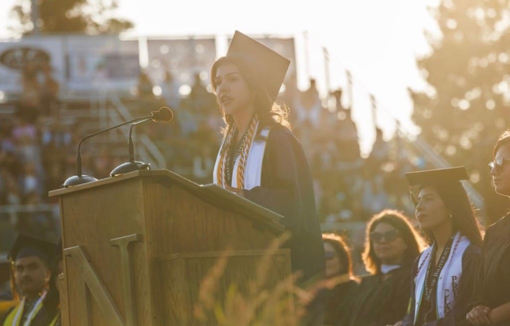 Alina Ceja-Delgado speaks at the 2025 Napa High School graduation. Ceja-Delgado family photo